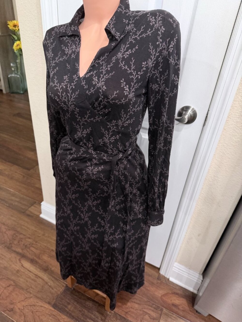 Y2K Eddie Bauer Petite XS Tencel Wool Botanical Wrap Midi Dress Dark Academia - Picture 3 of 14